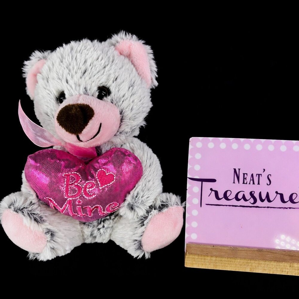 Tom's Toys International Silky Gray Pink Nose Bear W BE MINE PINK HEART 7" Plush